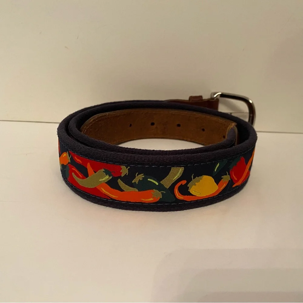 THE BELTED COW BELT BLUE CANVAS RED CHILI PEPPER BROWN LEATHER SIZE 34 USA